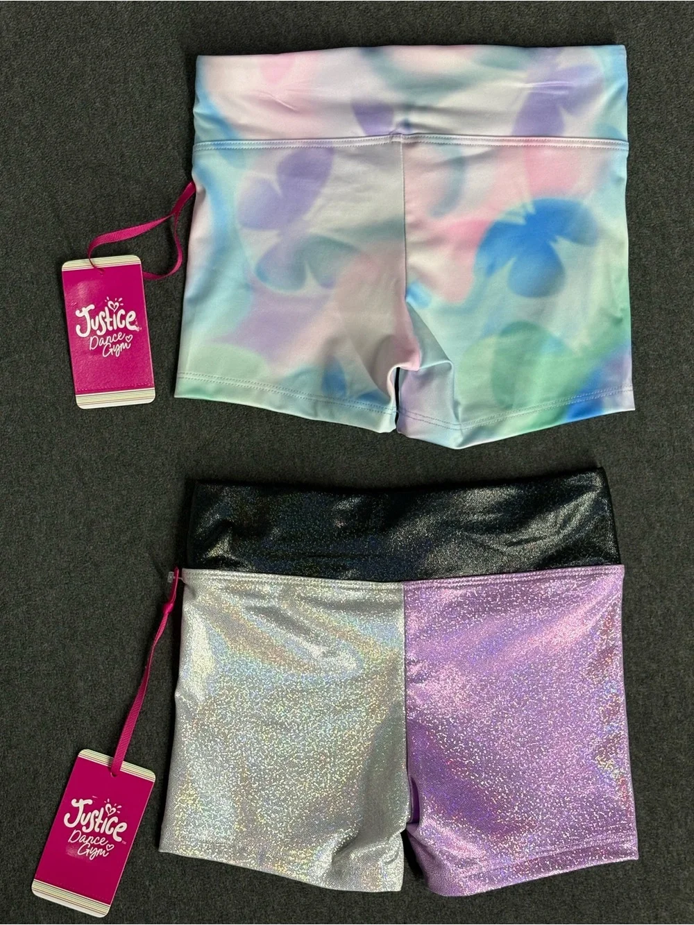 🆕Justice Girls Pastel Tie-Dye & Glitter Colorblock Dance Shorts Multi/Black S